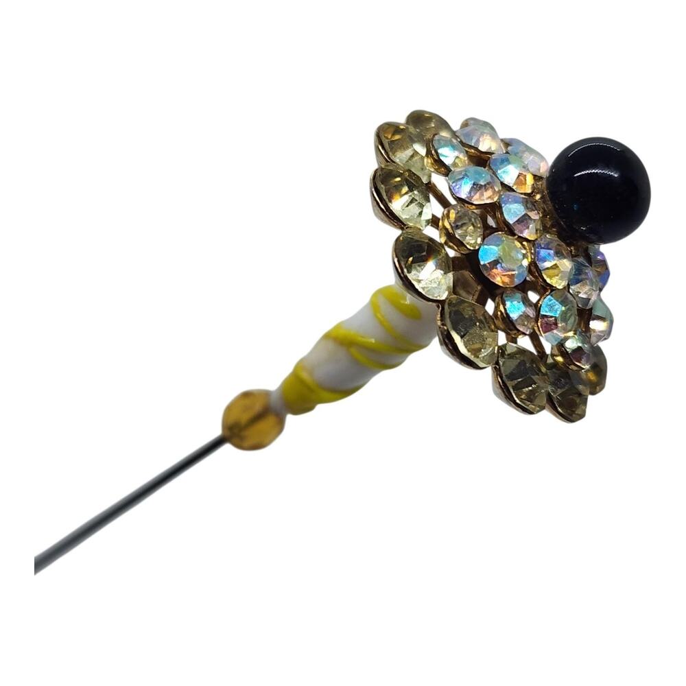 Vintage Rhinestone Stick Pin AB Crystal Black Bead Art Glass Hat Pin Estate